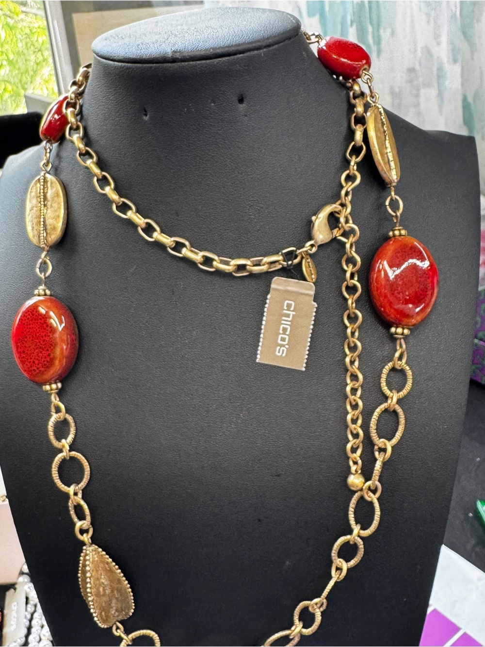 Chico's Red and Gold Long Beaded Link Necklace